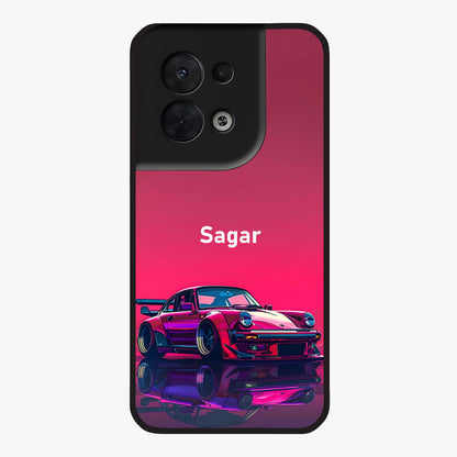 Neon Pink Porsche Glass Case showing flat back view with stylish sports car artwork and glossy glass finish.