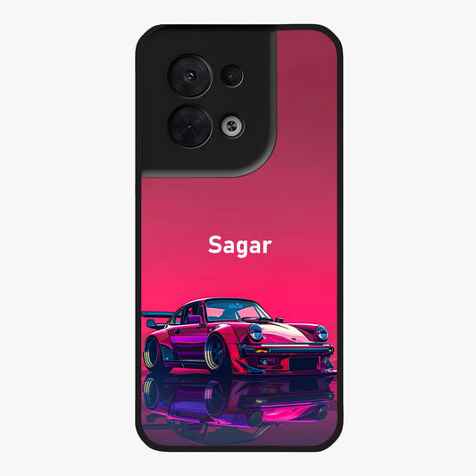 Neon Pink Porsche Glass Case showing flat back view with stylish sports car artwork and glossy glass finish.