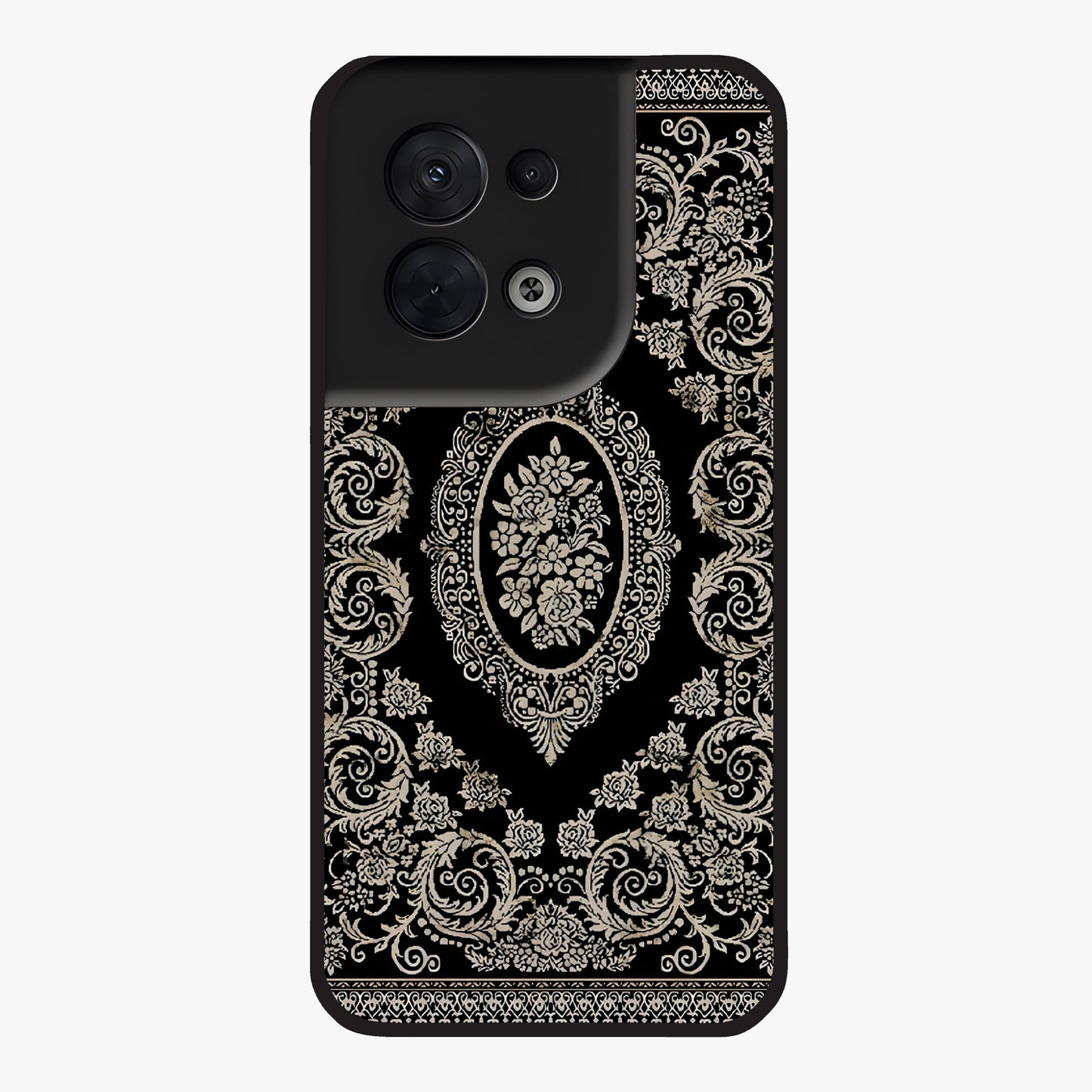 Noir Bloom Elegance Glass Case showing flat back view with elegant dark floral artwork and glossy glass finish.