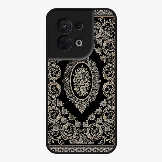 Noir Bloom Elegance Glass Case showing flat back view with elegant dark floral artwork and glossy glass finish.