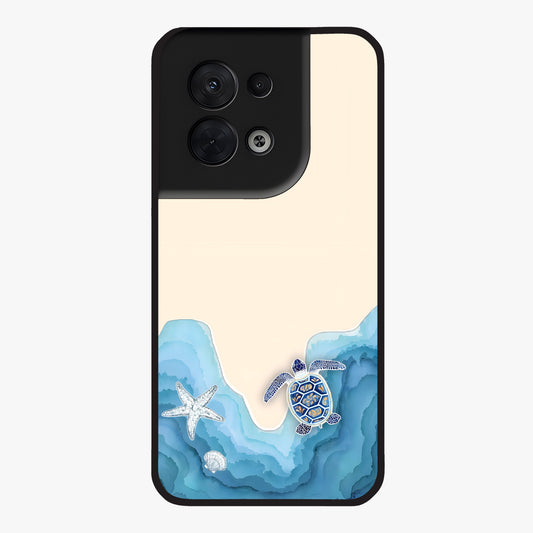 Ocean Drift Turtle Glass Case showing flat back view with sea turtle artwork and glossy glass finish.