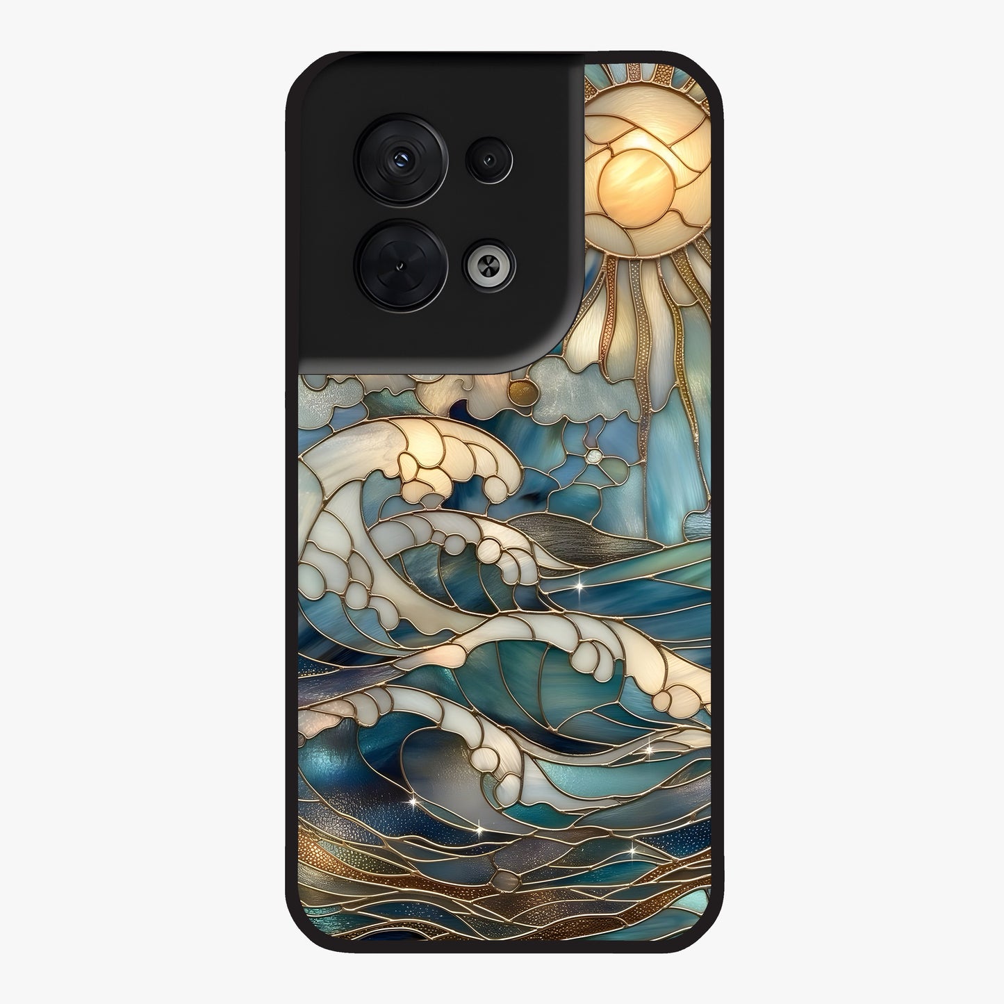 Oceanic Stained Printed Glass Case showing flat back view with ocean inspired stained pattern artwork and glossy glass finish.