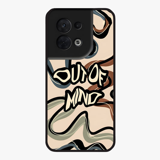 Out Of Mind Glass Case showing flat back view with expressive typography artwork and glossy glass finish.