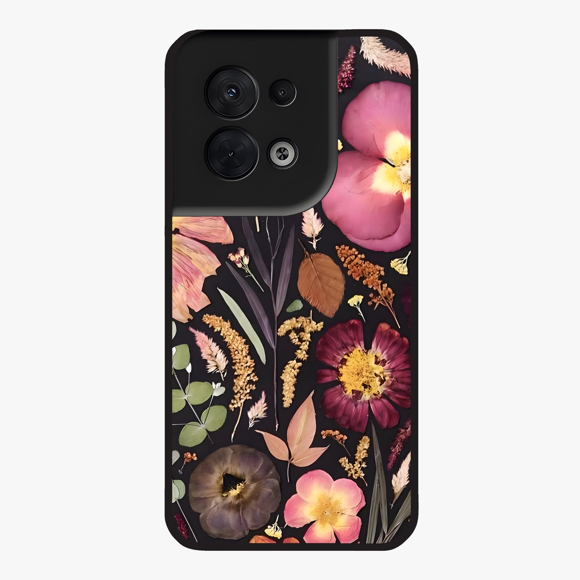 Petal Dream Tapestry Glass Case showing flat back view with intricate floral tapestry artwork and glossy glass finish.