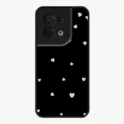 Pink Love Drops Glass Case showing flat back view with playful pink heart drops artwork and glossy glass finish.