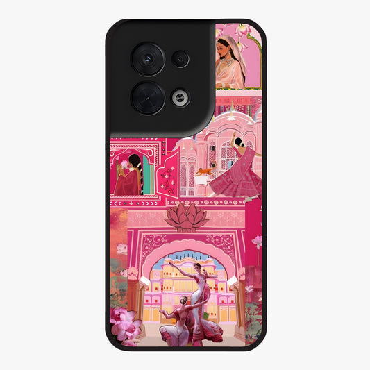 Pink Palace Muse Glass Case showing flat back view with elegant palace inspired artwork and glossy glass finish.