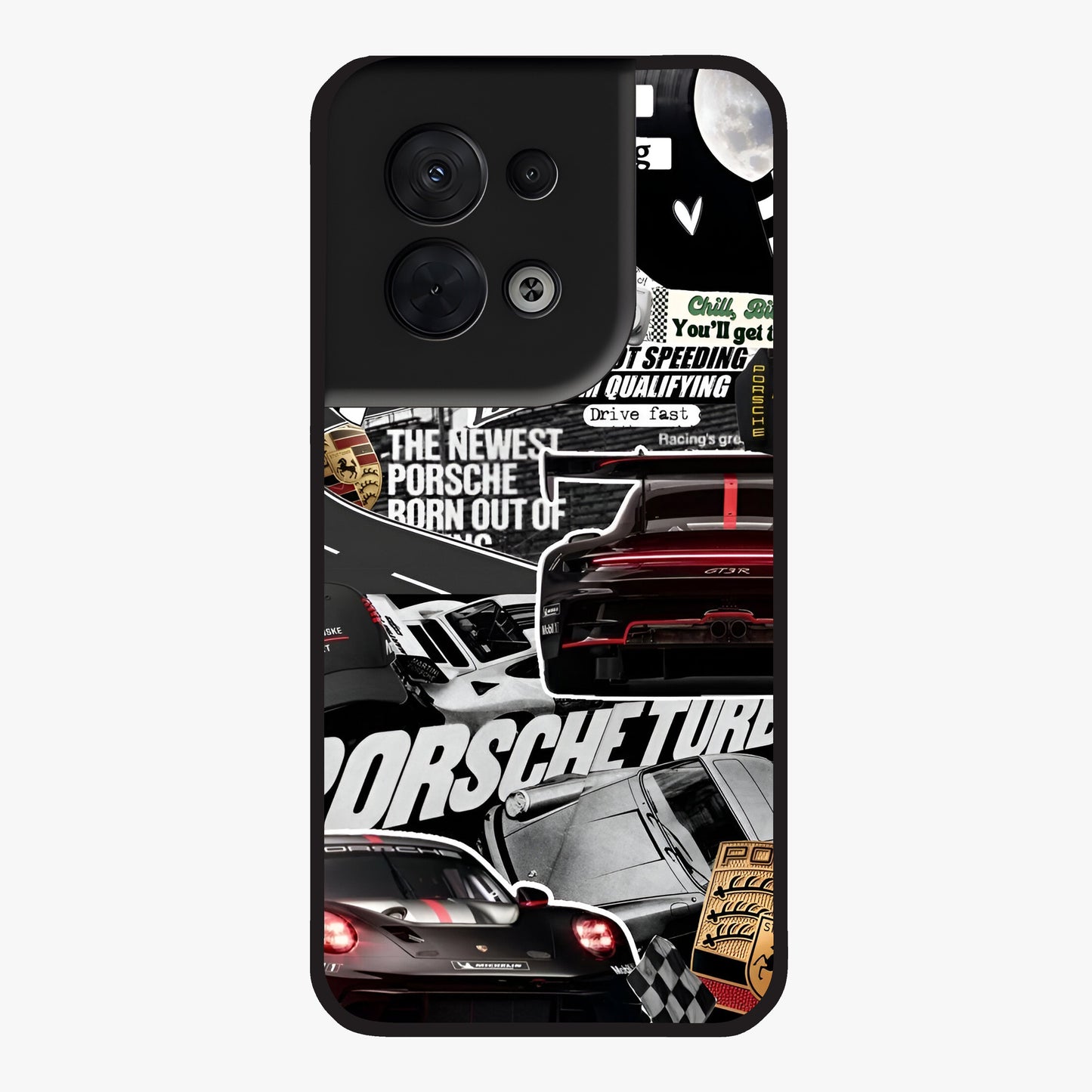 Porsche Racing Collage Glass Case showing flat back view with sports car racing collage artwork and glossy glass finish.