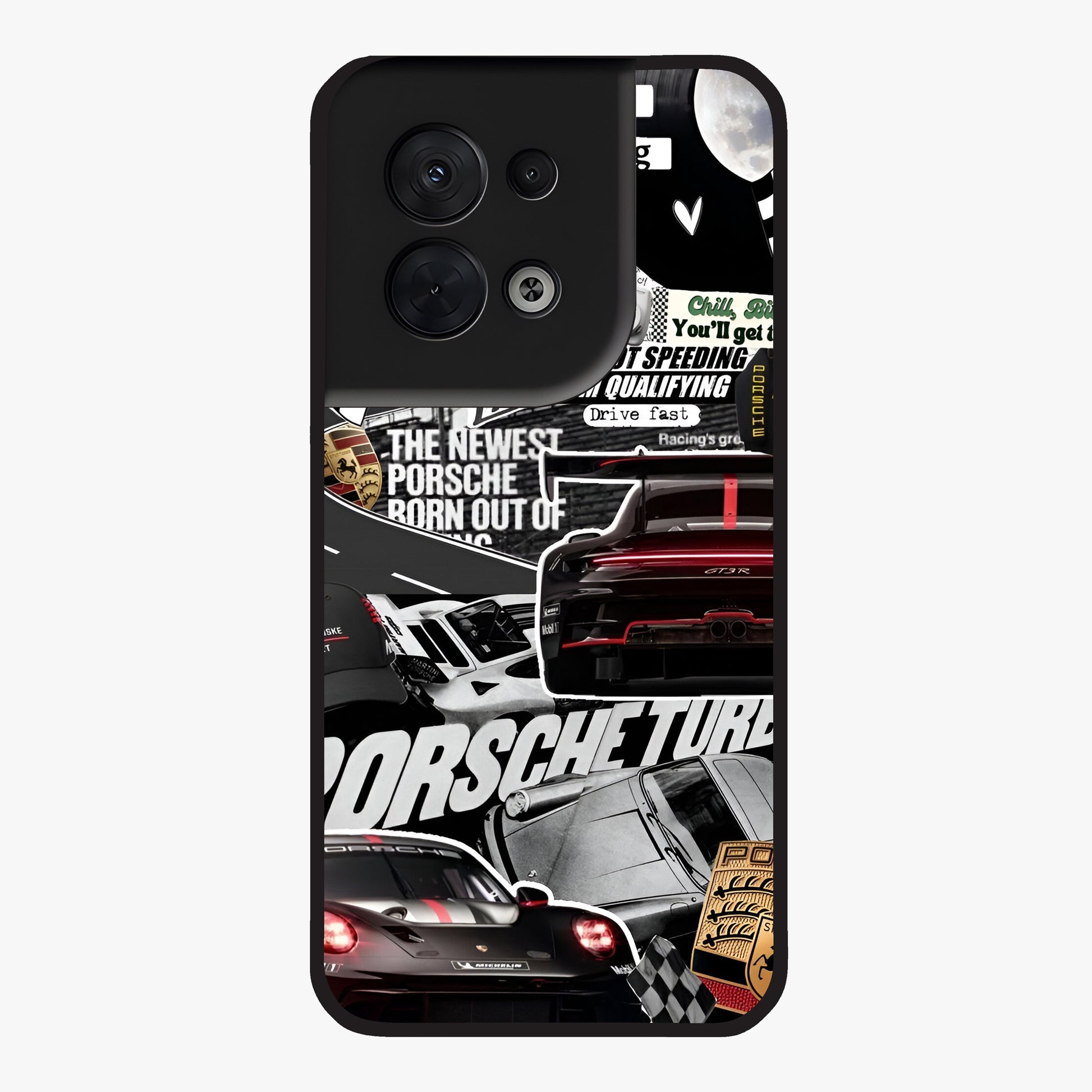 Porsche Racing Collage Glass Case showing flat back view with sports car racing collage artwork and glossy glass finish.