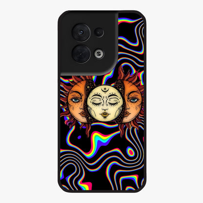 Psychedelic Sun Glass Case showing flat back view with colorful psychedelic sun artwork and glossy glass finish.