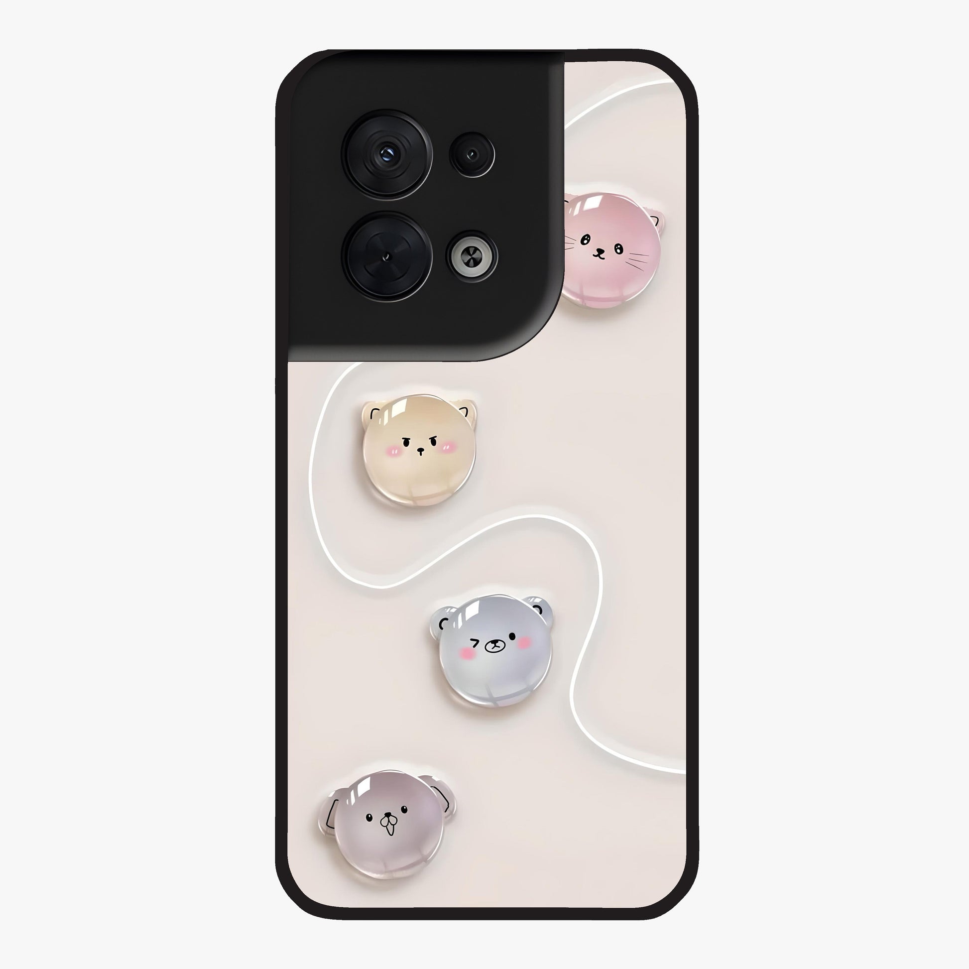 Puffy Face Parade Glass Case showing flat back view with cute puffy character faces artwork and glossy glass finish.