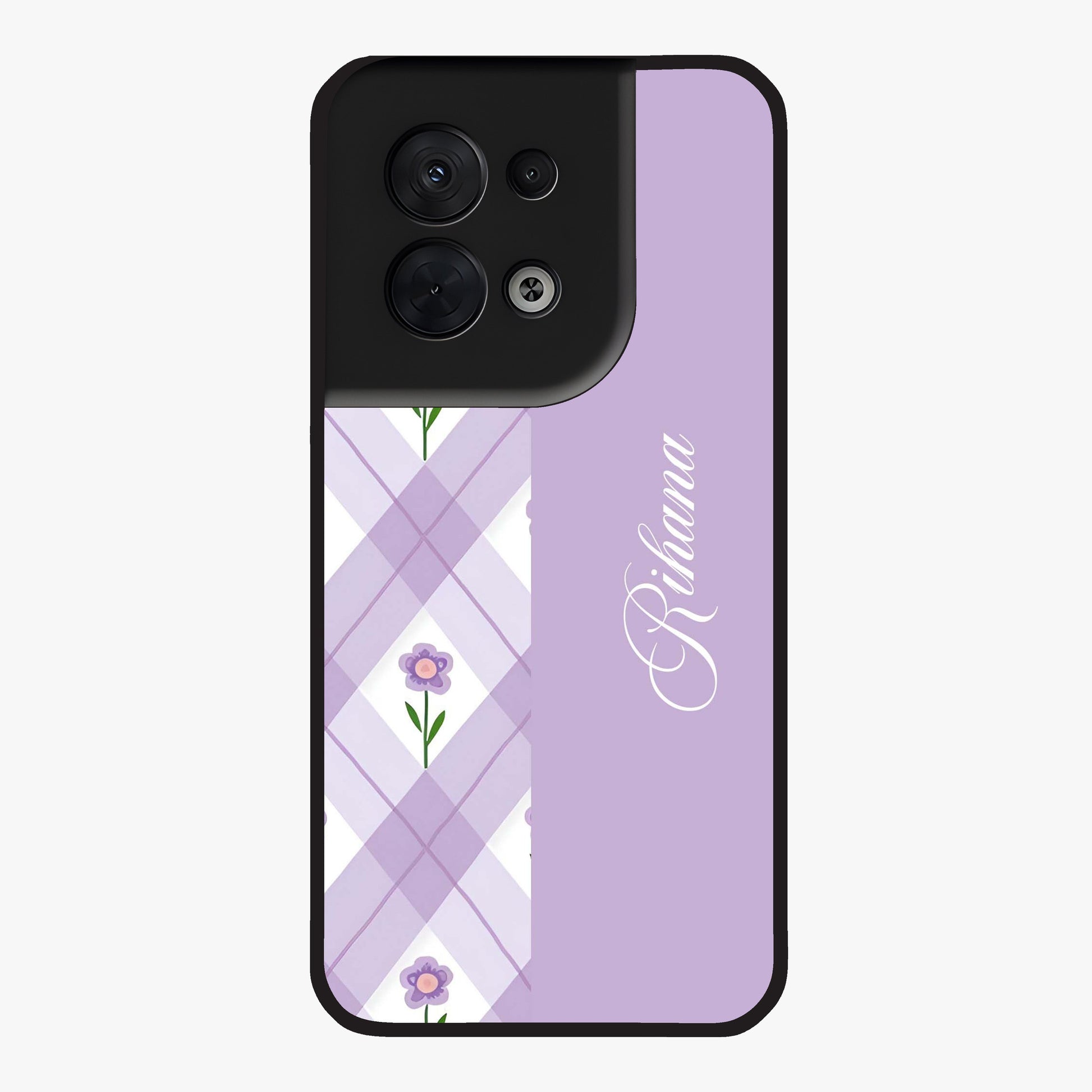 Purple Diamond Floral Glass Case showing flat back view with diamond shaped floral artwork and glossy glass finish.