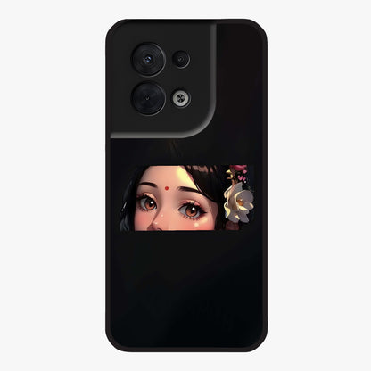 Radha Divine Embrace Glass Case showing flat back view with devotional Radha artwork and glossy glass finish.
