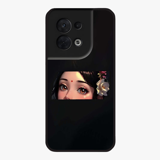 Radha Divine Embrace Glass Case showing flat back view with devotional Radha artwork and glossy glass finish.