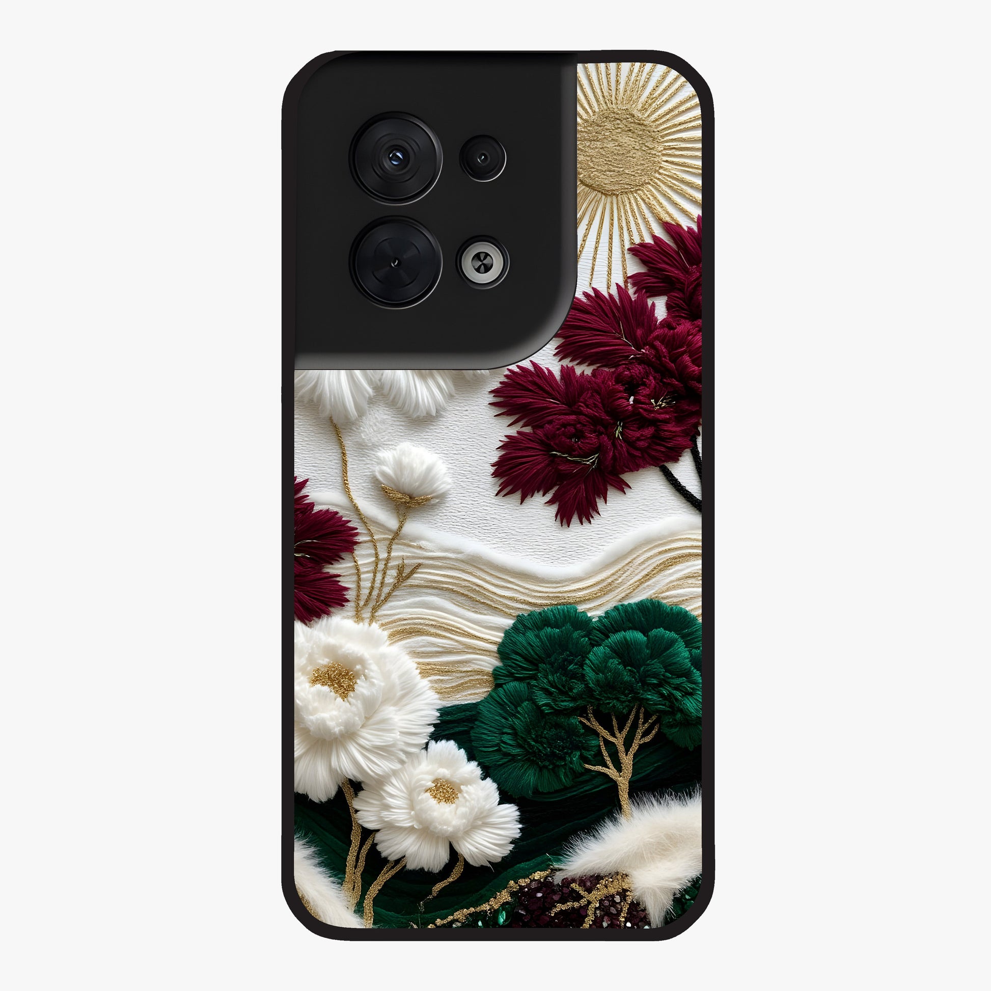 Radiant Bloom Elegance Glass Case showing flat back view with elegant blooming flower artwork and glossy glass finish.
