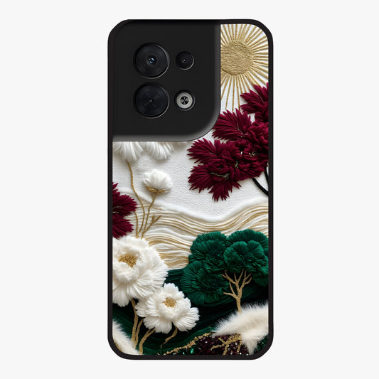 Radiant Bloom Elegance Glass Case showing flat back view with elegant blooming flower artwork and glossy glass finish.
