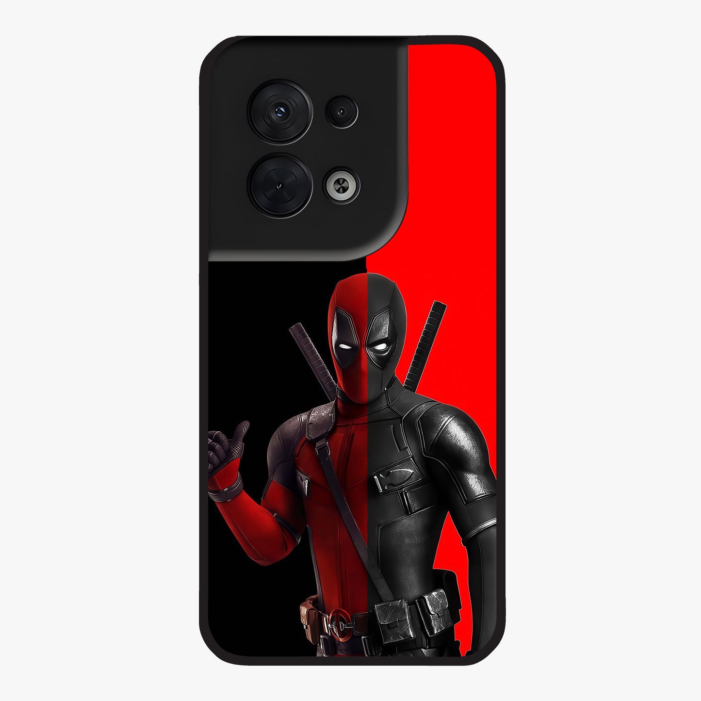Red & Black Deadpool Theme Glass Case showing flat back view with bold comic inspired artwork and glossy glass finish.