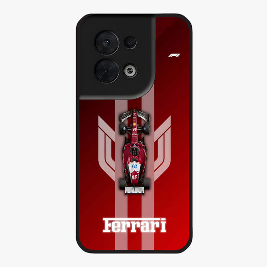 Red Ferrari F1 Vertical Glass Case showing flat back view with sleek Formula racing car artwork and glossy glass finish.