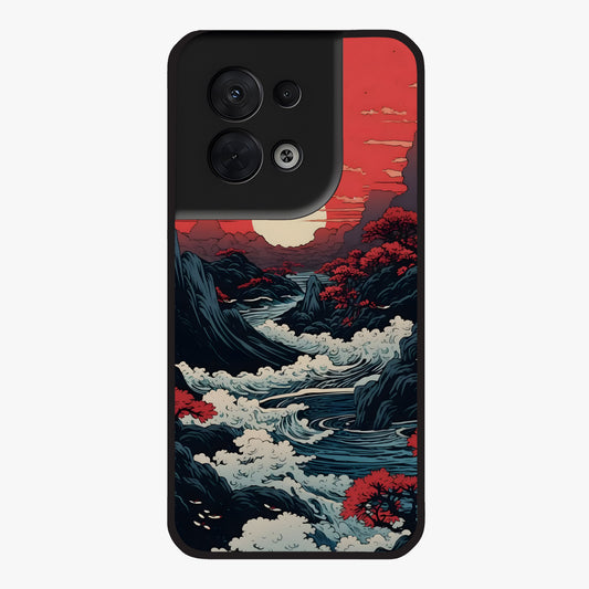 Red Sunset Scenery Glass Case showing flat back view with vibrant sunset landscape artwork and glossy glass finish.