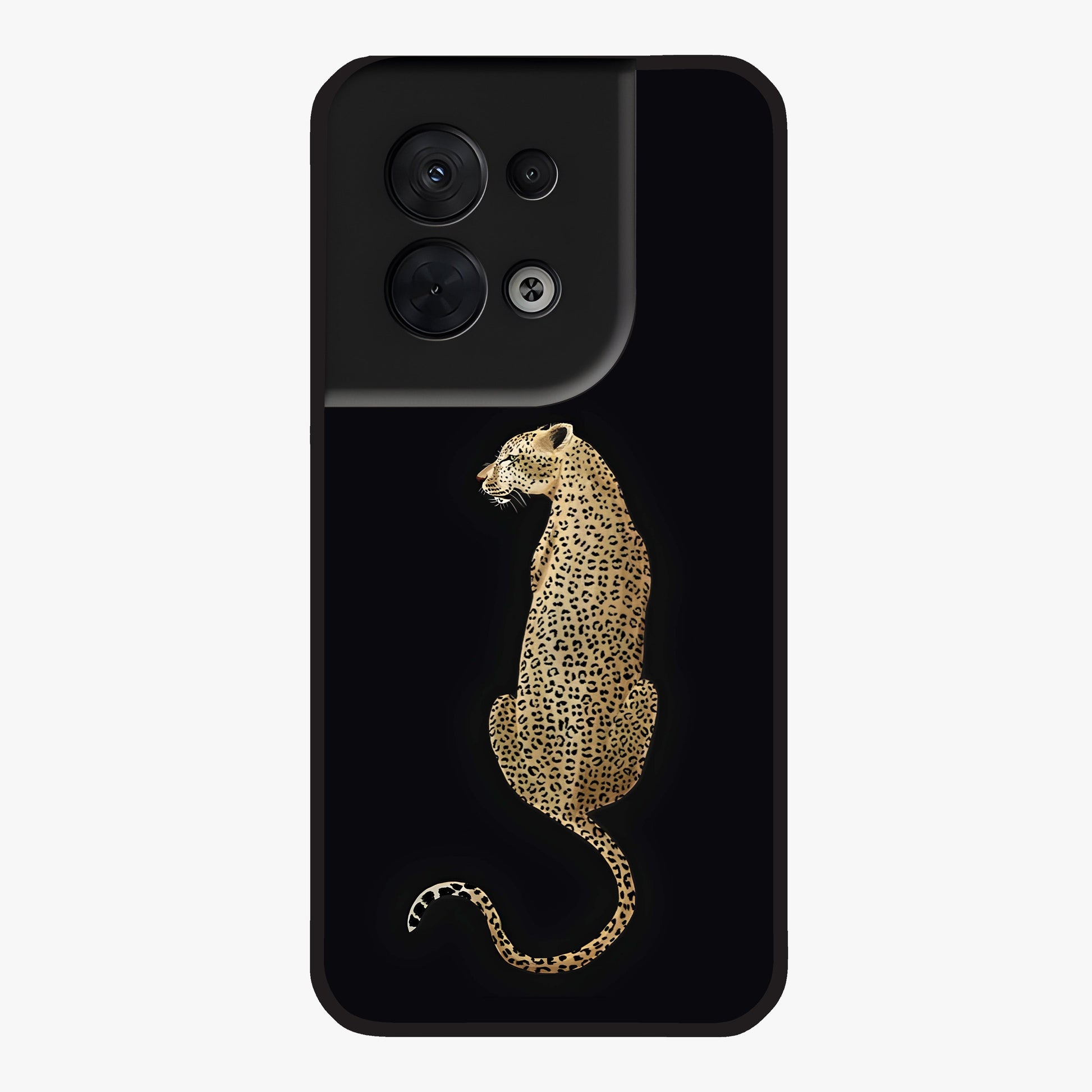 Regal Leopard Glass Case showing flat back view with bold leopard artwork and glossy glass finish.