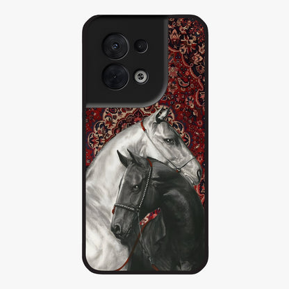 Regal Stallion Tapestry Glass Case showing flat back view with majestic horse tapestry artwork and glossy glass finish.