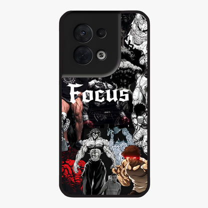 Relentless Power Focus Glass Case showing flat back view with motivational typography artwork and glossy glass finish.