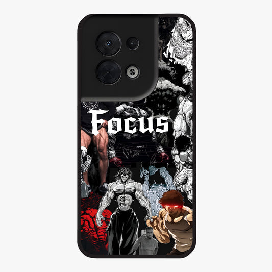 Relentless Power Focus Glass Case showing flat back view with motivational typography artwork and glossy glass finish.