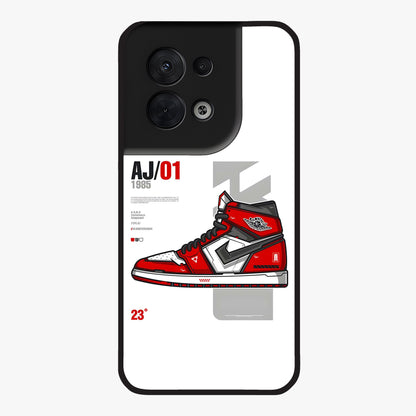 Retro Sneaker Blueprint Glass Case showing flat back view with sneaker blueprint style artwork and glossy glass finish.