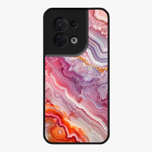 Rose Quartz Marble Glass Case showing flat back view with pink marble quartz texture artwork and glossy glass finish.