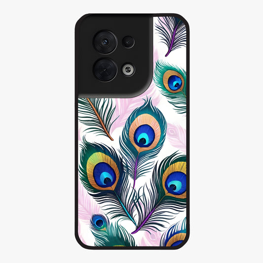 Royal Peacock Feathers Glass Case showing flat back view with colorful peacock feather artwork and glossy glass finish.