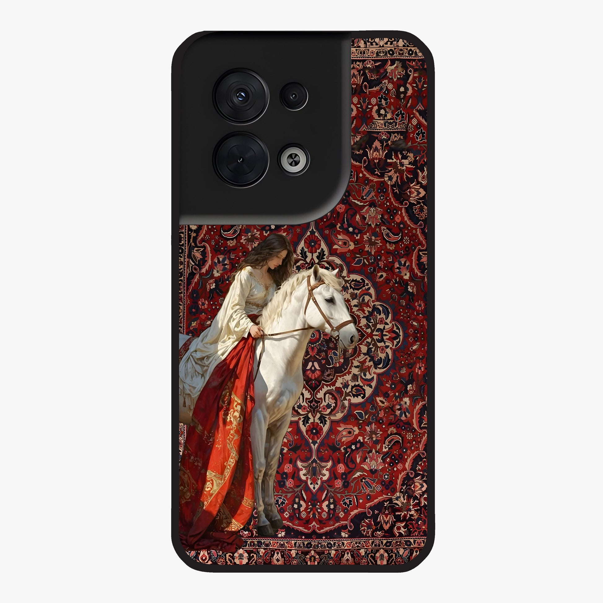 Royal Rider Tapestry Glass Case showing flat back view with majestic horse rider tapestry artwork and glossy glass finish.