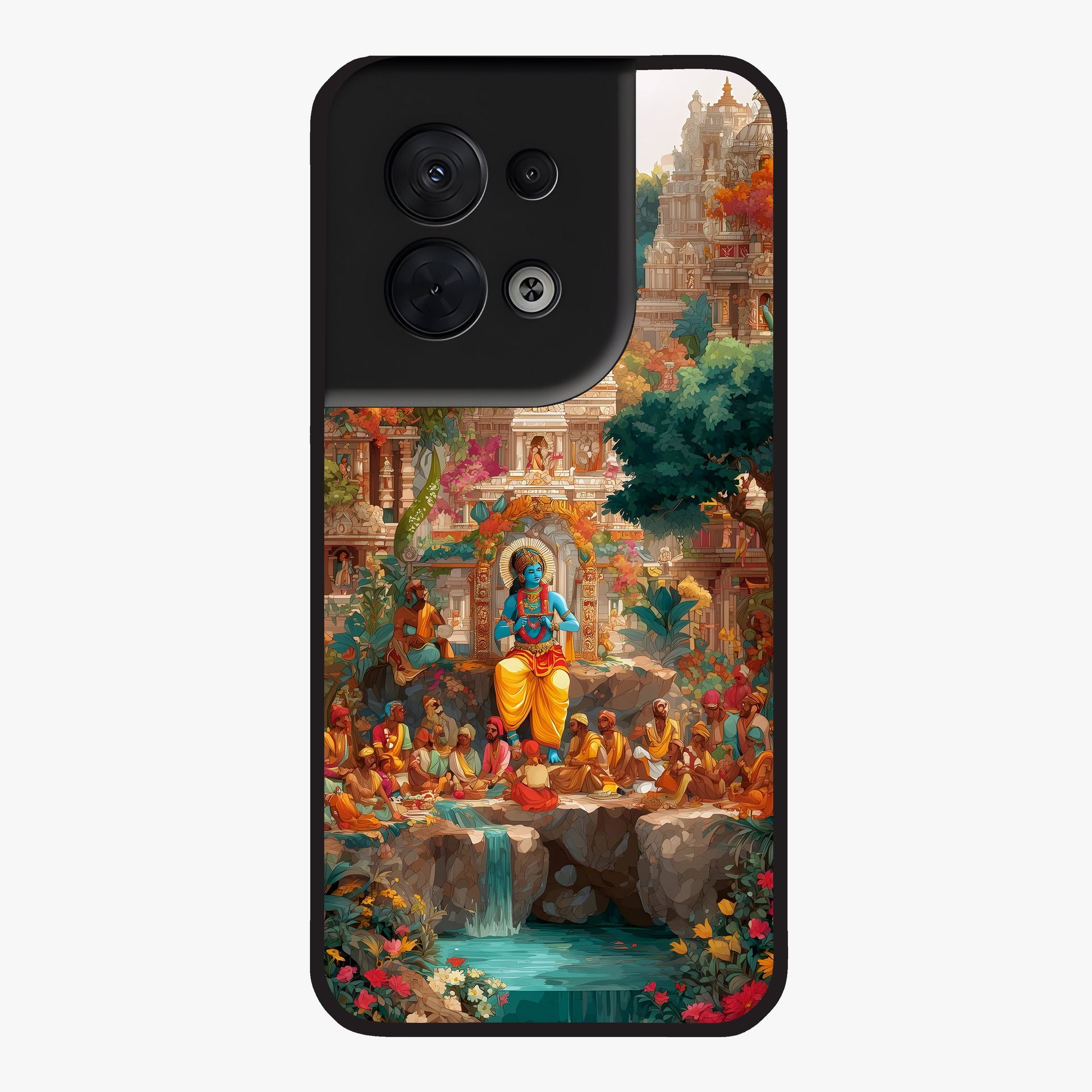 Sacred Sunlight Gods Glass Case showing flat back view with divine sunlight themed artwork and glossy glass finish.