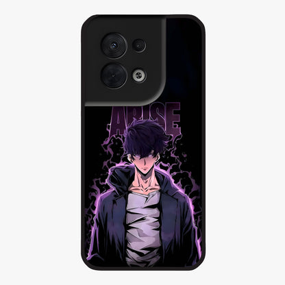 Shadow Monarch Awakening Glass Case showing flat back view with powerful dark monarch themed artwork and glossy glass finish.