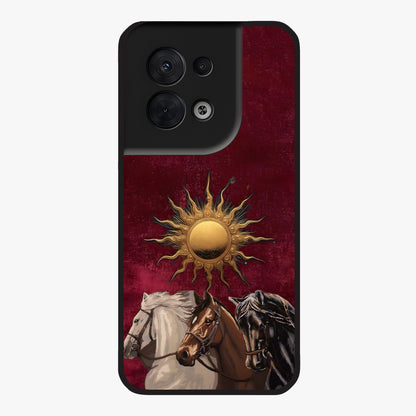 Solar Riders Glass Case showing flat back view with dynamic rider themed artwork and glossy glass finish.