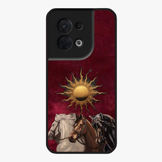 Solar Riders Glass Case showing flat back view with dynamic rider themed artwork and glossy glass finish.