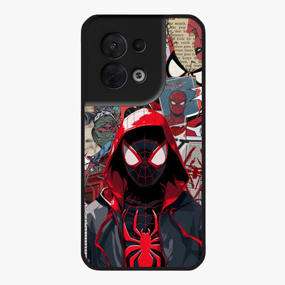 Spider Collage Street Glass Case showing flat back view with vibrant superhero collage artwork and glossy glass finish.