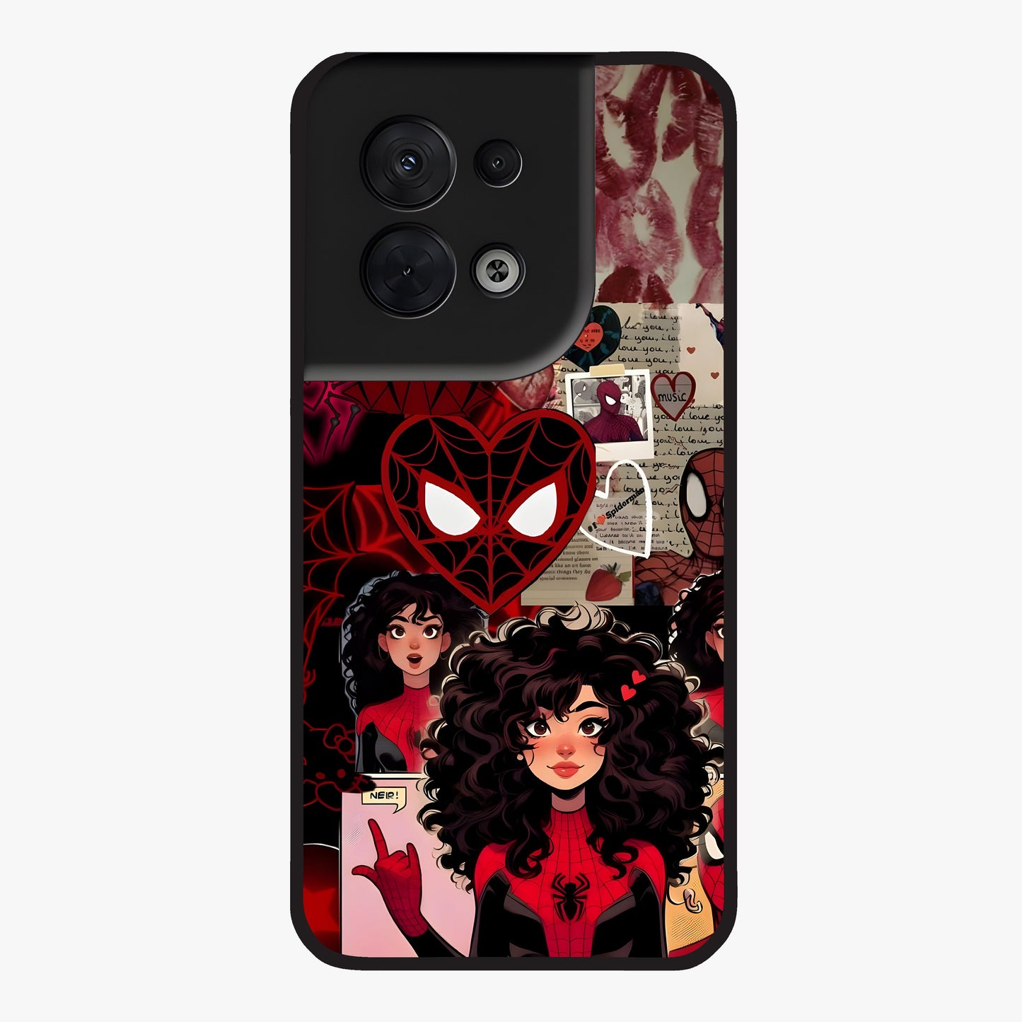 Spider Love Story Glass Case showing flat back view with romantic superhero themed artwork and glossy glass finish.