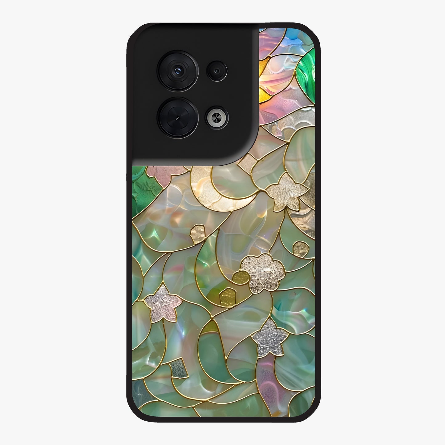 Stained Sunrise Glow Glass Case showing flat back view with glowing sunrise stained pattern artwork and glossy glass finish.