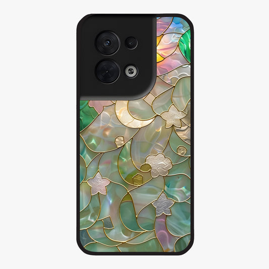 Stained Sunrise Glow Glass Case showing flat back view with glowing sunrise stained pattern artwork and glossy glass finish.
