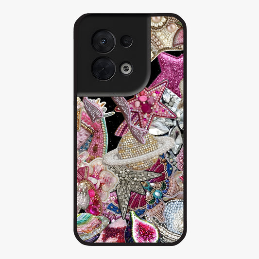 Starlit Jewel Dream Glass Case showing flat back view with sparkling jewel and star themed artwork and glossy glass finish.