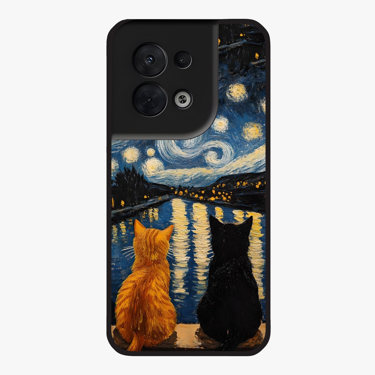 Starry River Cats Glass Case showing flat back view with cats by a starry river artwork and glossy glass finish.