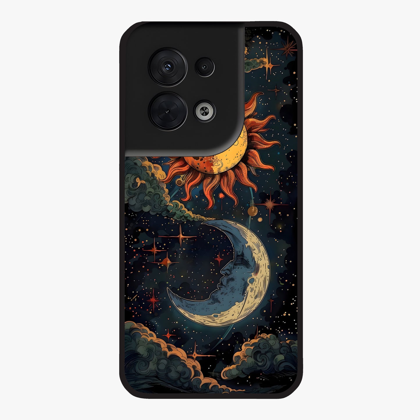 Sun And Moon Magic Design Glass Case showing flat back view with mystical sun and moon artwork and glossy glass finish.