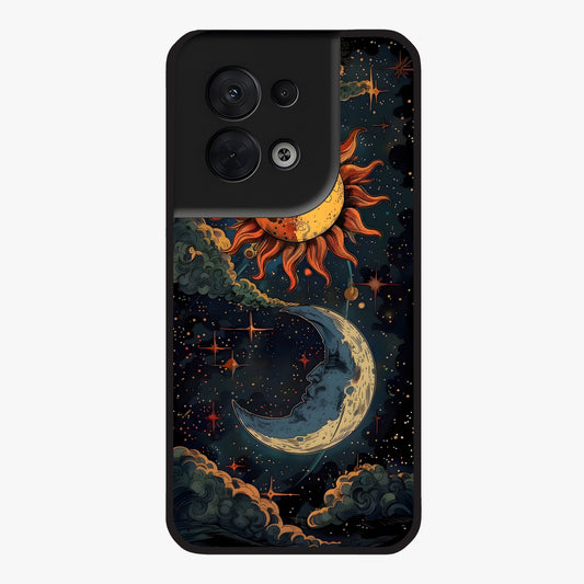 Sun And Moon Magic Design Glass Case showing flat back view with mystical sun and moon artwork and glossy glass finish.