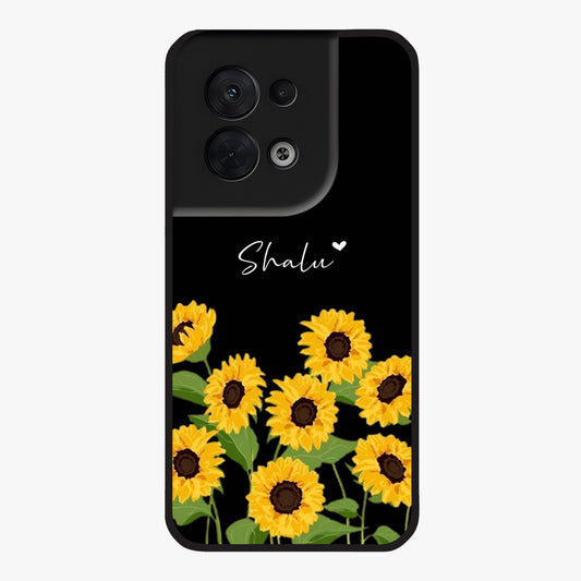 Sunflower Chic Mood Custom Name Glass Case showing flat back view with stylish sunflower artwork and personalized name design.