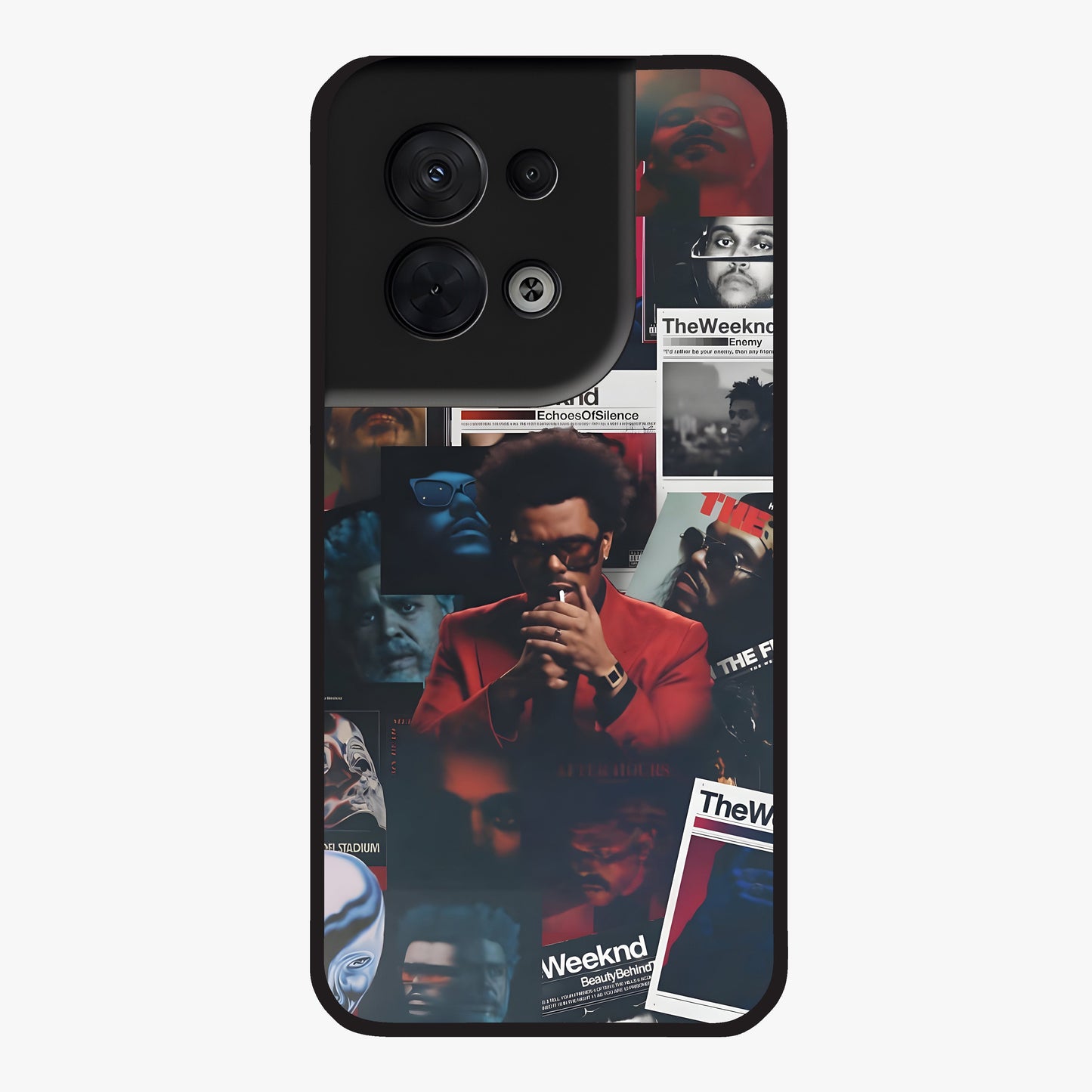 The Weeknd Glass Case showing flat back view with music inspired artistic portrait artwork and glossy glass finish.