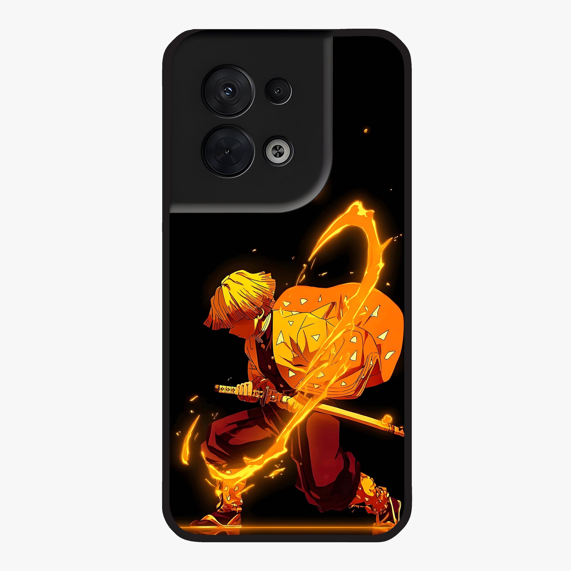 Thunder Flame Execution Glass Case showing flat back view with powerful flame and lightning artwork and glossy glass finish.