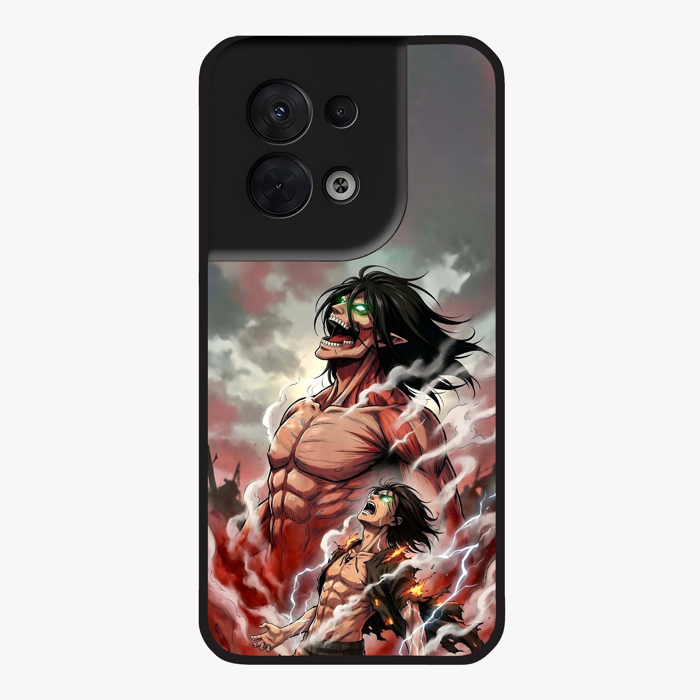 Titan Awakening Fury Glass Case showing flat back view with powerful titan inspired artwork and glossy glass finish.