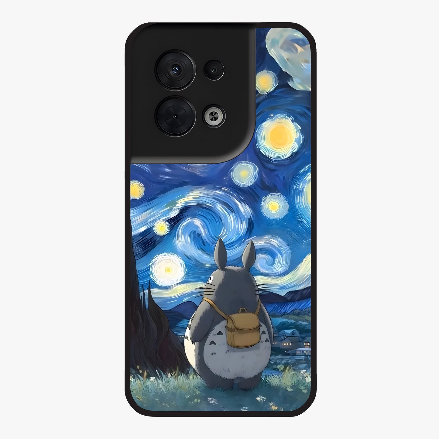 Totoro In Van Gogh Art Glass Case showing flat back view with whimsical character artwork inspired by Van Gogh style and glossy glass finish.