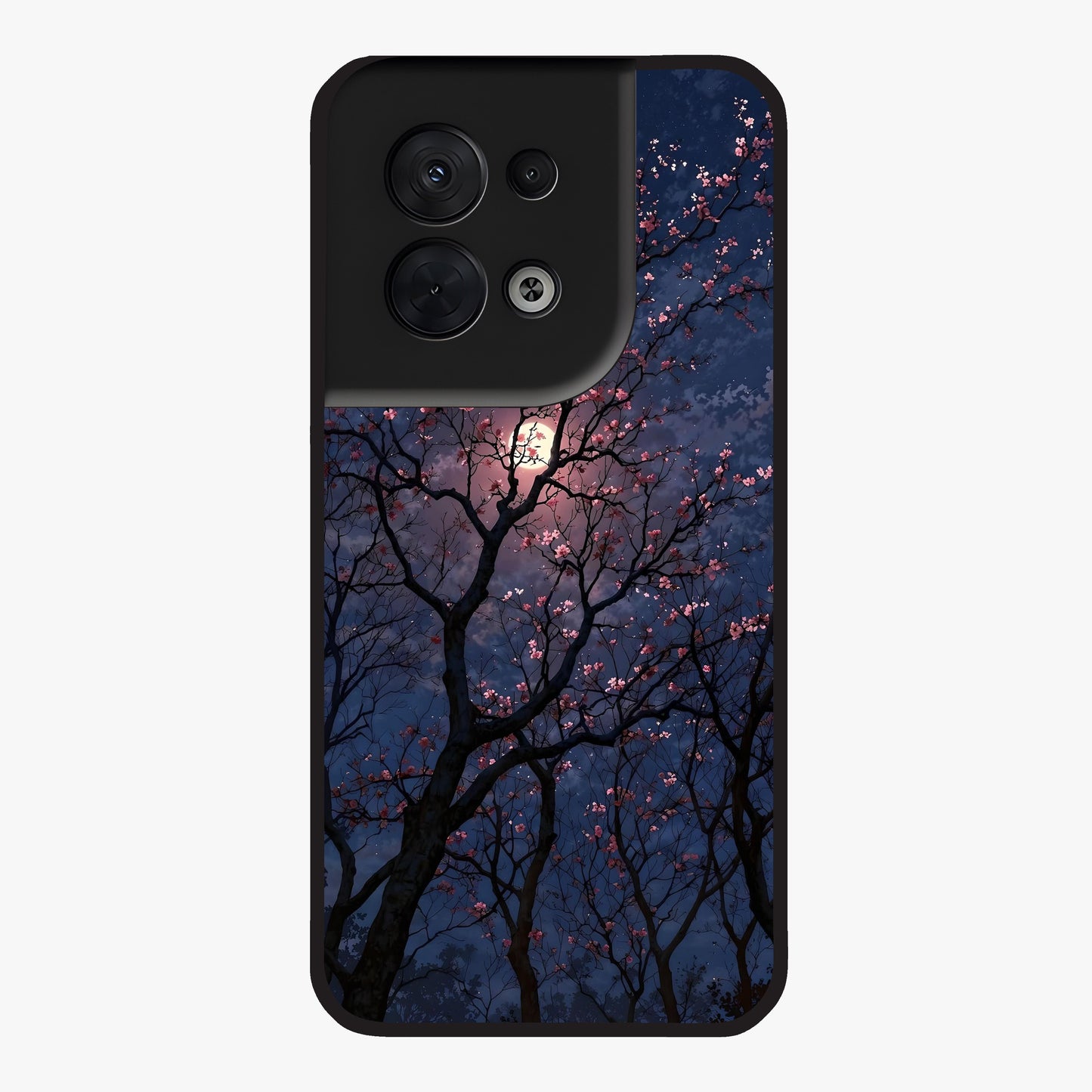 Twilight Sakura Serenade Glass Case showing flat back view with cherry blossom artwork at twilight and glossy glass finish.