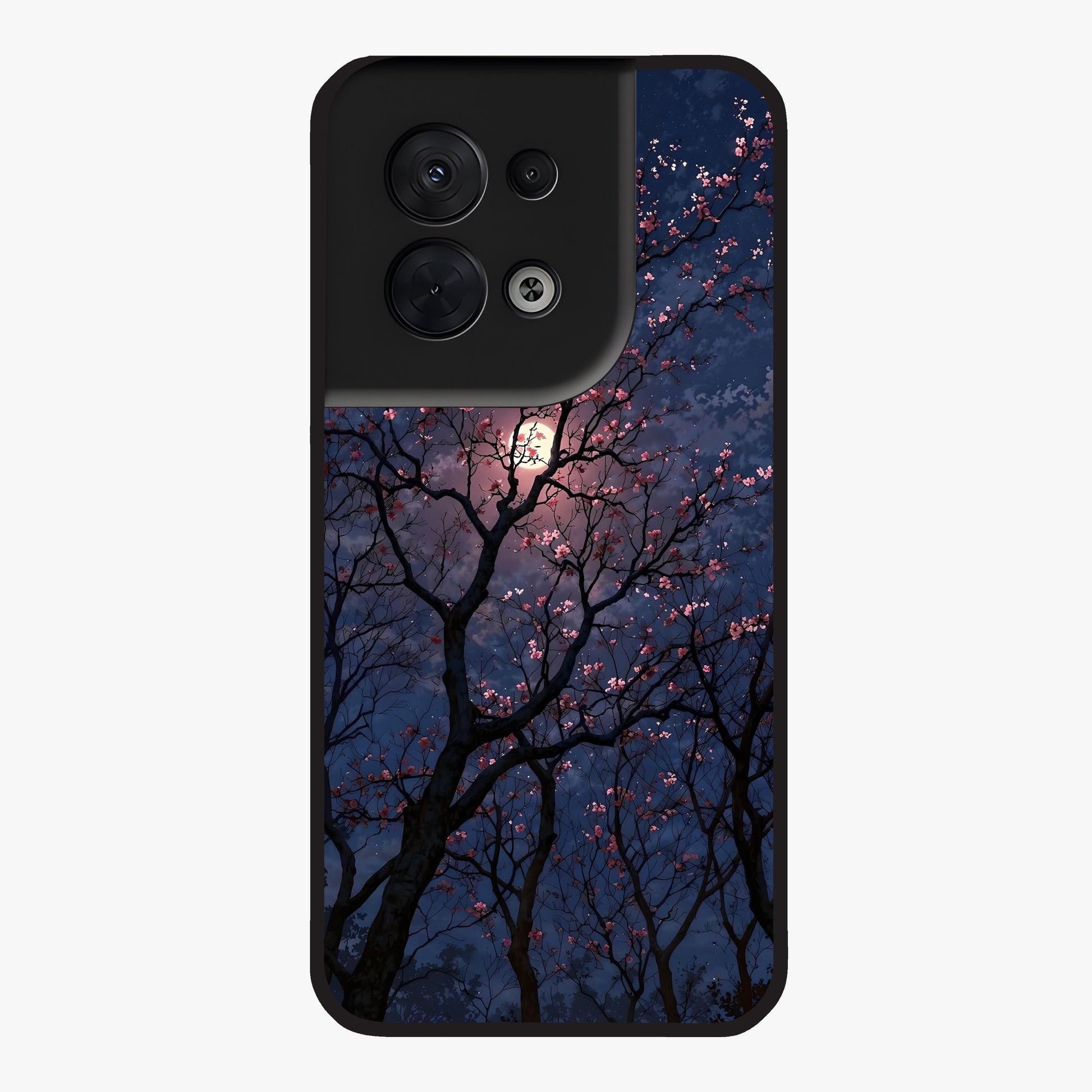 Twilight Sakura Serenade Glass Case showing flat back view with cherry blossom artwork at twilight and glossy glass finish.