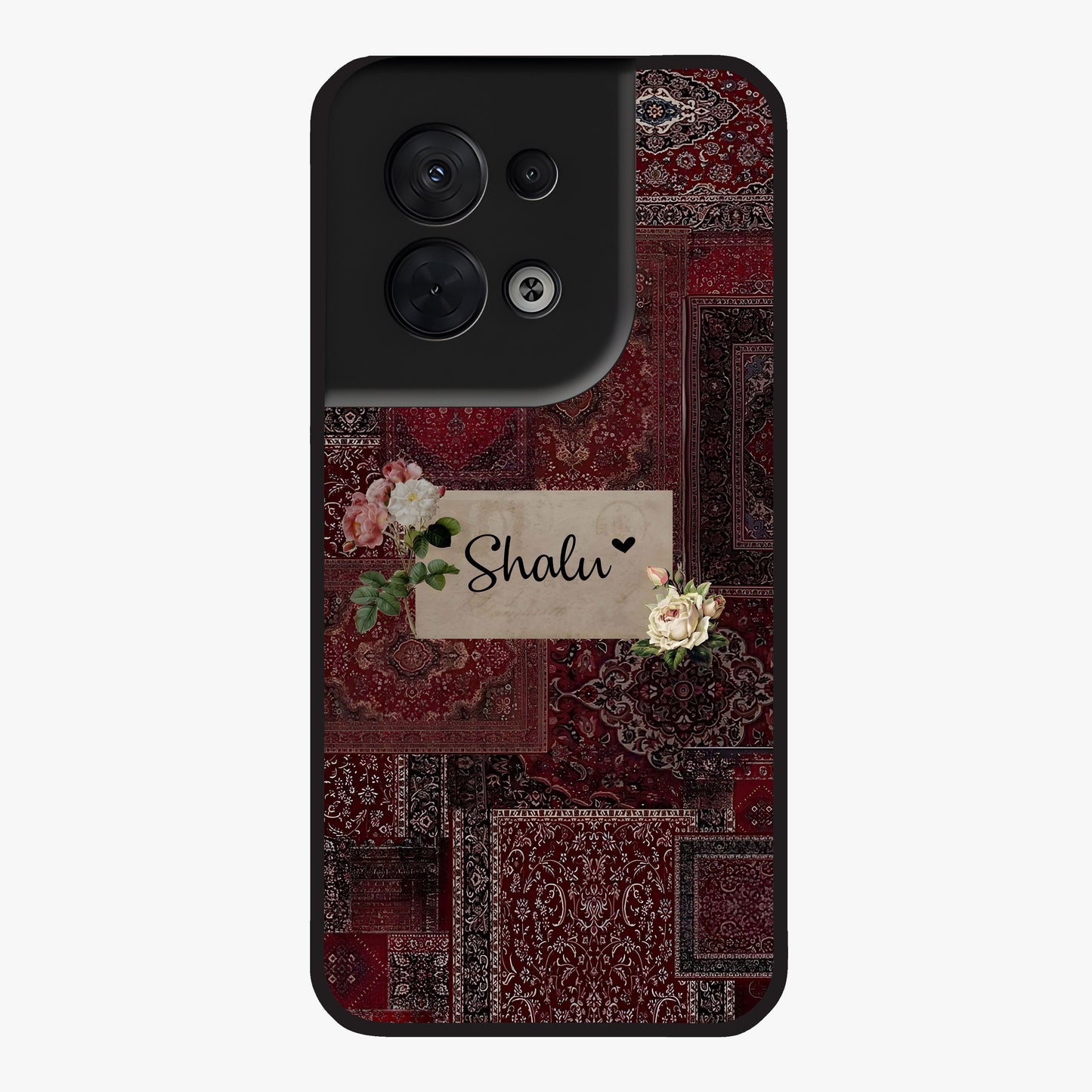 Velvet Wine Pattern Custom Name Glass Case showing flat back view with elegant wine colored pattern artwork and personalized name design.